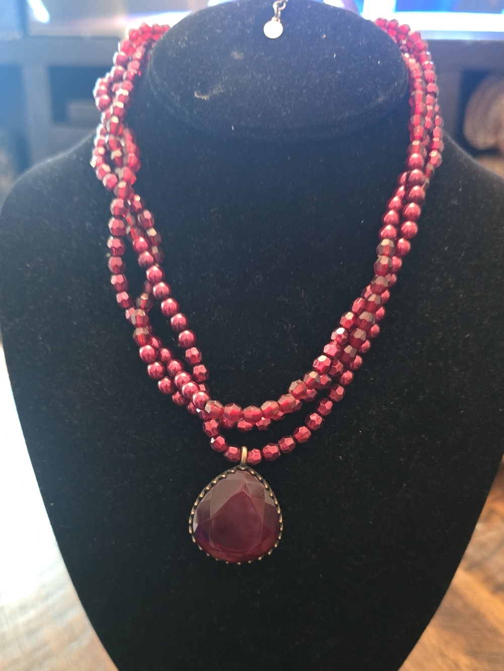 Robert Rose Multi-Strand Red Beaded Necklace with Teardrop Pendant